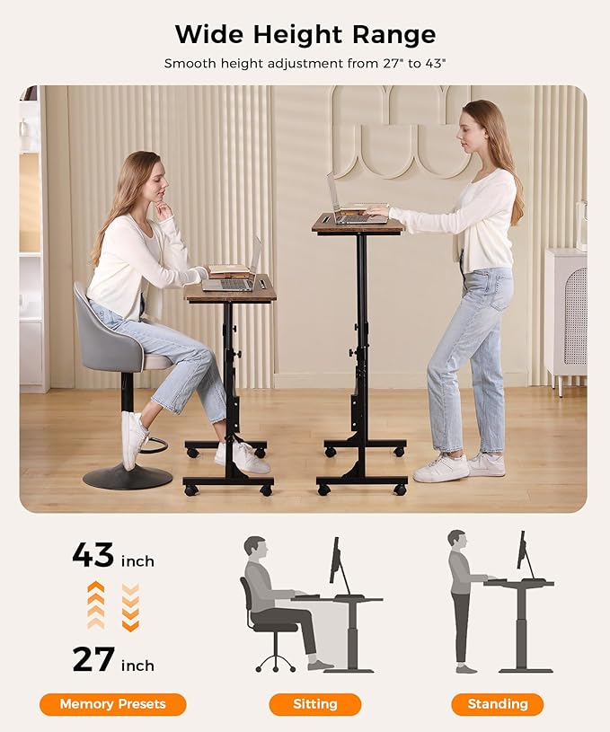 Standing Desk Adjustable Height Mobile Stand Up Desks with Wheels Small Computer Desks Rolling Desk Portable Laptop Desks Rustic Standing Table Sit Stand Home Office Desks 16x31.5 Height 27-43.5