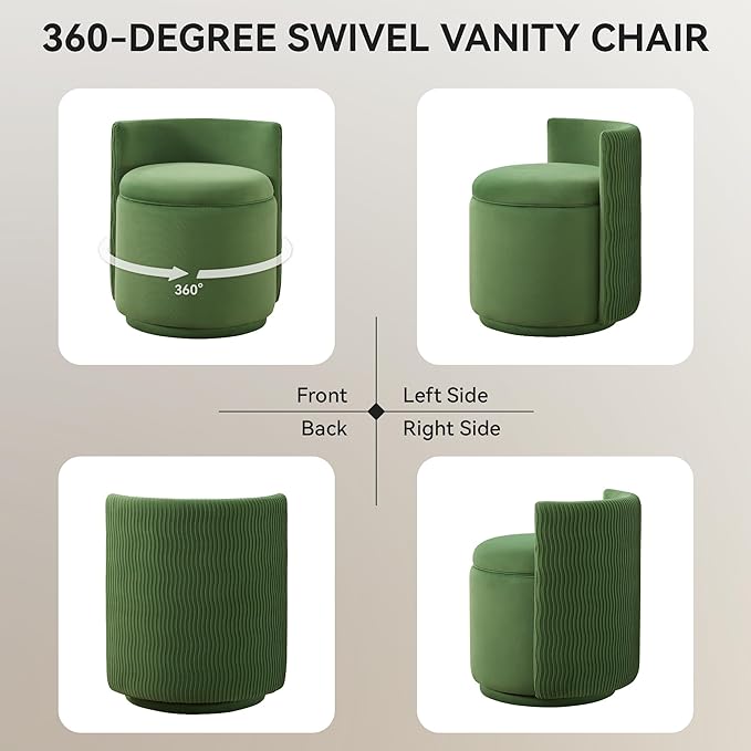 Velvet Vanity Chair with Storage 360° Swivel Makeup Chair with Wave Back No Assembly Small Accent Stool for Bedroom Dressing Living Room Green