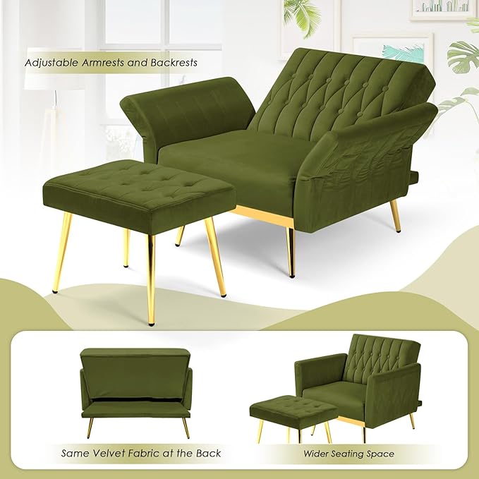 Velvet Accent Chair with Adjustable Backrest and Armrests Single Recliner Armchair with Ottoman and Golden Mental Legs for Living Room Bedroom and Waiting Room Olive Green
