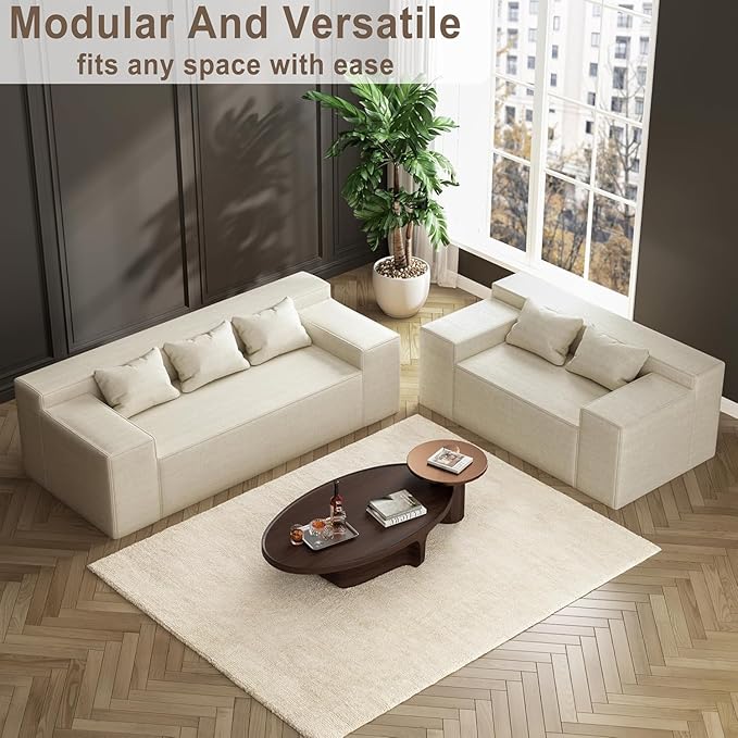 PurrJoys Modular Sectional Sofa 3 Seater 105 Deep Seat Corduroy Lounge Sofa with Movable Cushions Modular Couch for Small Spaces Living Room Bedroom Apartment Office - Beige