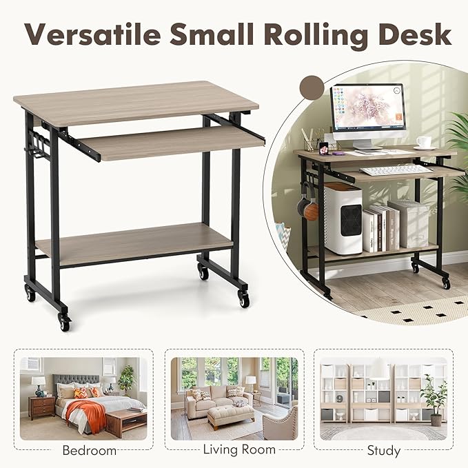 Tangkula Rolling Computer Desk Cart with Keyboard Tray Mobile Portable Laptop PC Desk with CPU Stand &amp 3 Hooks for Sofa &amp Bed Compact Small Desk on Wheels for Small Spaces (Grey)