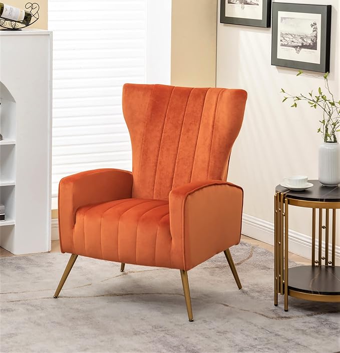 Modern Velvet Accent Chair Channel Tufted Bedroom Office or Living Room Furniture with Elegant Metal Legs 26 Wide Armchair Orange Red