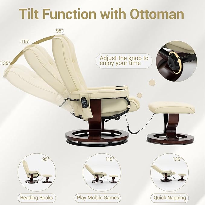 8-Point Massage Recliner with Ottoman Heated PU Leather Reclining Chair w/Solid Wood Base Indoor Lounge TV Chair with Footrest for Living Room and Bedroom Beige