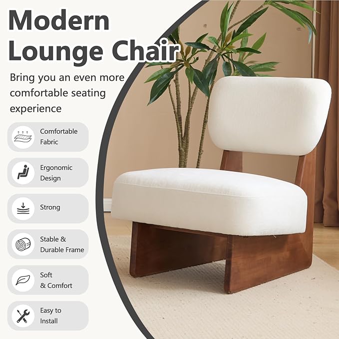 White Accent Chair Set of 2 for Small Spaces Armless Accent Chair for Bedroom Side Chairs &amp Comfy Chairs for Living Room Wood Base Comfy Cushion Bedroom Office (Walnut+White)