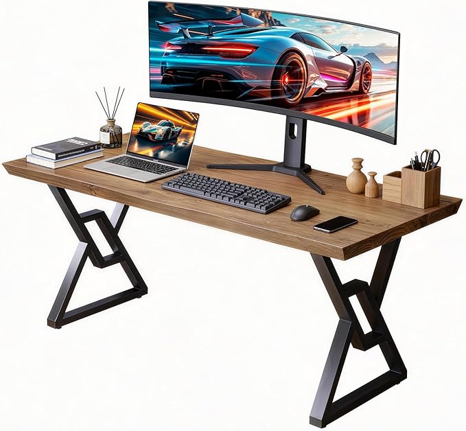 Solid Wood Rustic Style 55.1-inch Computer Desk - Large Office Desk for Home Office Modern and Simple Design Ideal for DiningStudy Writing (Black-w 55.12 * 27.56 * 29.53)