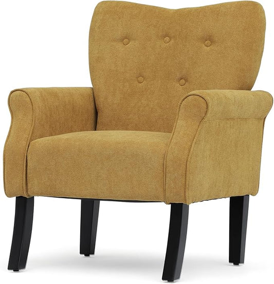 Athena Collection Mid Century Modern Chair for Living Room Upholstered Wingback Reading Chair for Adults Comfy Linen Fabric Armchair with Wooden Legs for Bedroom Dorm Balcony Yellow