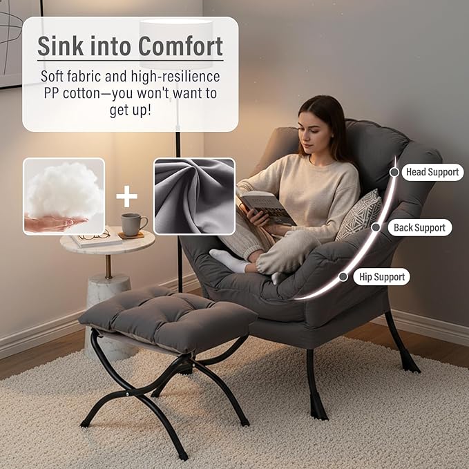 Lazy Chair with Ottoman Modern Chair with Folding Footrest Dark Grey Accent Chair Comfortable Reading Chair Oversized Armchairs for Bedroom Study Living Room Courtyard