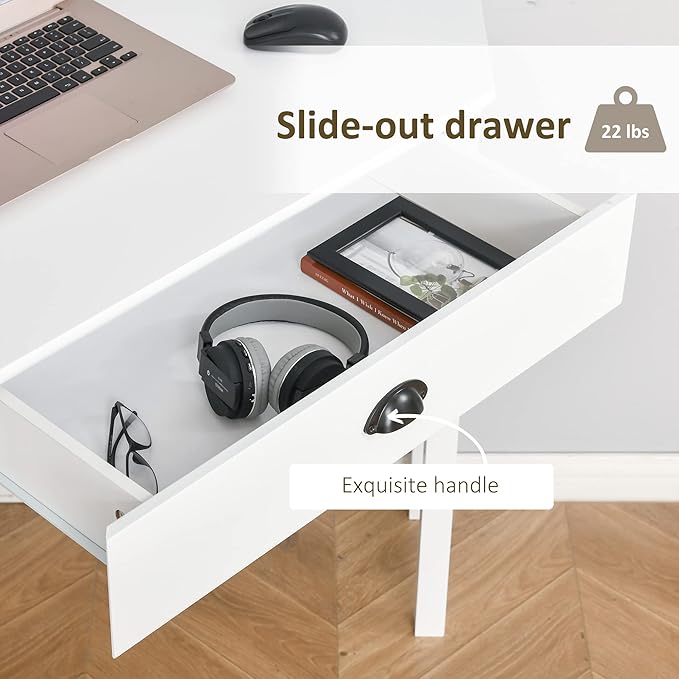 Corner Computer Desk with Drawer and Shelves Space Saving Triangle Design White Compact Home Office Workstation for Small Spaces