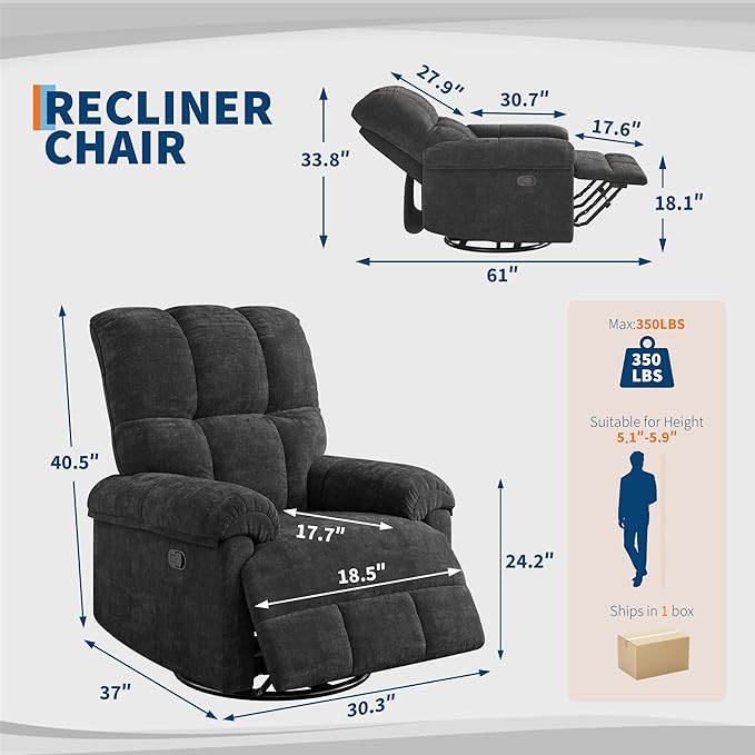 GarveeHome Recliner Chair 360° Swivel Rocker Glider Nursery Chair with Padded Armrest and Deep Seat Chenille Upholstered Reclining Sofa Chair for Living Room Bedroom and Nursery (Black)