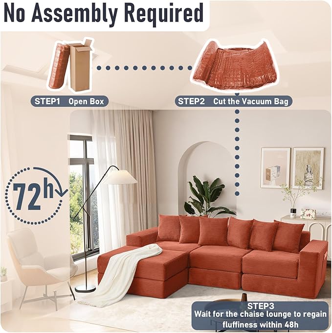 102 Upgraded L-shaped Modular Sectional Couches for Living Room Convertible Oversized Sleeper Sofa Bed-Luxury 1.5 Queen Bed. 11-in-1 Multifunctional Corduroy Boneless Folding Futon Couch Orange.