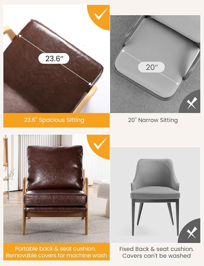 Mid Century Modern Accent Chairs for Living Room 23” Wide Comfy Chair for Bedroom Small Cozy Leather Reading Chairs for Adults 108° Lounge Arm Chair Indoor with Detachable Cover 5.5 Foam Cushion