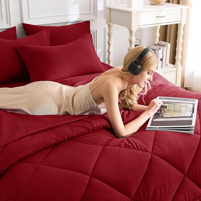 CozyLux Queen Comforter Set Dark Red - Bed in a Bag Queen Size 7 Pieces Luxury Soft Bed Set for All Seasons Bedding Set with Down Alternative Comforter Sheets Pillowcases &amp Shams
