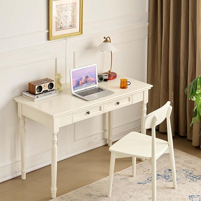 White Writing Desks with Drawers 47 Solid Wood French Country Style Computer Desk for Home Office Living Room Study or Workspace