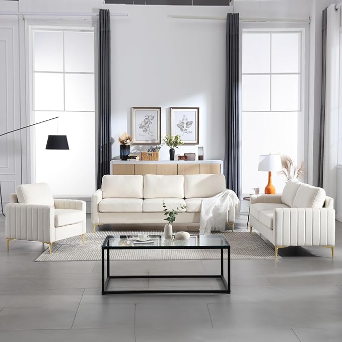 SLEERWAY Tufted Velvet Accent Chair Mid Century Modern Comfy Living Room Furniture Set Bedroom Club Lounge Reading 5.5 inch Cushioned Golden Legs (Beige Single Sofa Chair)