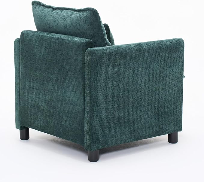 Modern Living Room Accent Chair Comfy Reading Armchair Oversized Chenille Upholstered Single Sofa Chair with Pillow for Bedroom Office Apartment Home Theater Indoor (Dark Green)