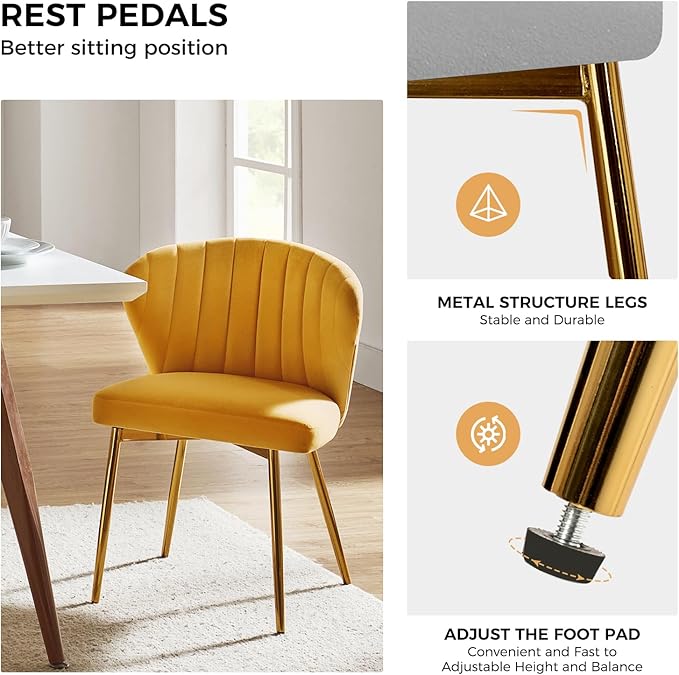 HULALA HOME Velvet Dining Chairs Modern Small Armless Accent Chair with Gold Metal Legs Living Room Upholstered Cute Side Chair Elegant Tufted Back Vanity Chair for Bedroom/Beauty Room-Mustard
