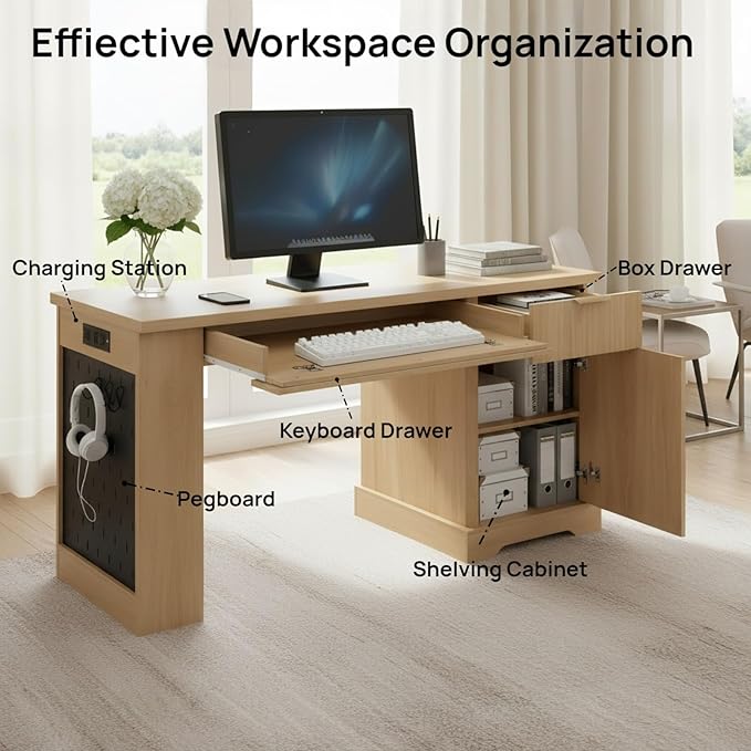 55 Modern Wavy Fluted Office Desk with Storage Cabinet Home Office Desk with Charging Station DrawerPegboard &amp Keyboard Tray - Study Writing Desk for Home Office Study Living Room Light Oak