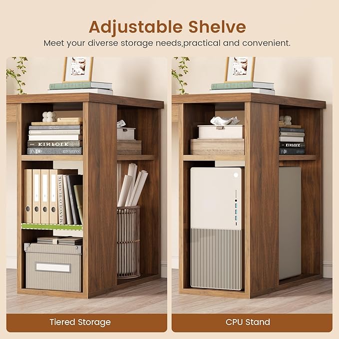 SEDETA 67 Farmhouse L Shaped Desk with 3 Drawers Executive Home Office Desks with Storage Shelves Corner Computer Desk with Power Outlets for Home Office Brown