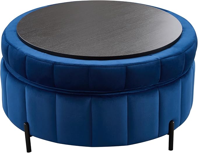 Navy Round Ottoman with StorageReversible Lid Upholstered Ottoman Coffee Table 31.5Circle Foot Stool for Living RoomBedroom