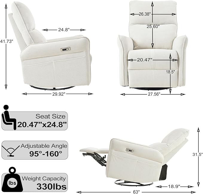 cinkehome Power Swivel Rocker Recliner with USB Overstuffed Electric Reclining Chair Snowflake Fleece Rocker Recliner for Nursery Living Room