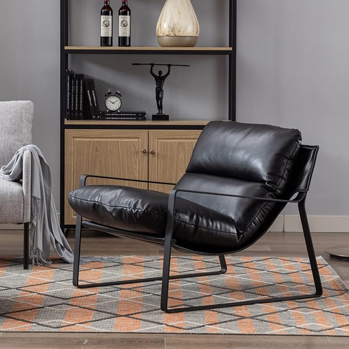 HEAH-YO Modern Accent Chair Set of 1 PU Faux Leather Living Room Chair with Removable Cushion and Solid Metal Frame Comfy Reading Chair for Bedroom Black