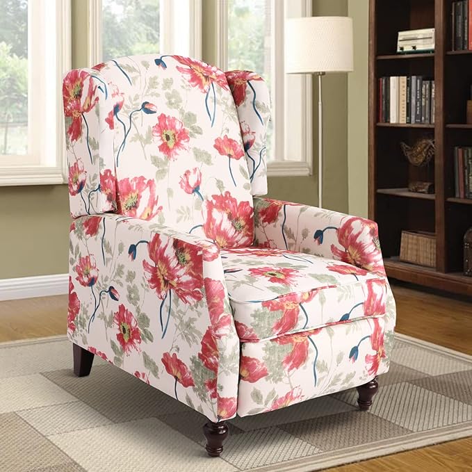 Upholstered Wingback Recliner Chair Traditional Push Back Recliner Chair with Padded Seat Fabric Floral Chair Wingback Recliner with Wooden Legs Small Recliners for Small Spaces