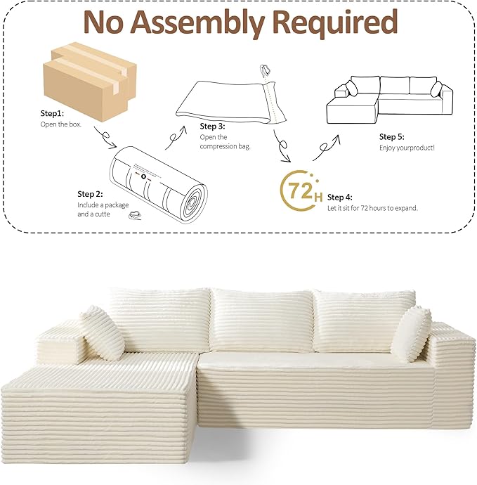 110 Boneless Sectional Couch with Chaise Lounge Cloud Couch Compressed Sofa L Shape No Assembly Memory Foam Sofa for Living Room White Corduroy
