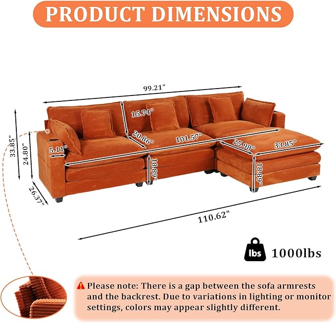 99 Modular Sectional SofaCouches for Living RoomModern Modular L-Shape Sofa with Ottoman &amp Side Pocket Cloud Sectional CouchCorduroy Oversized Sleeper Sofa with USB Port &amp Cup Holder (Oran