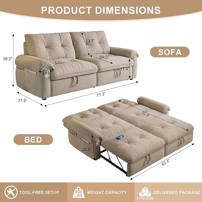 Sleeper Sofa Bed Queen Size Sofa Bed Convertible Pull Out Couch with Adjustable Backrest USB Port and Side Pockets Modern 2 Seater Small Couches for Living Room Space-Saving