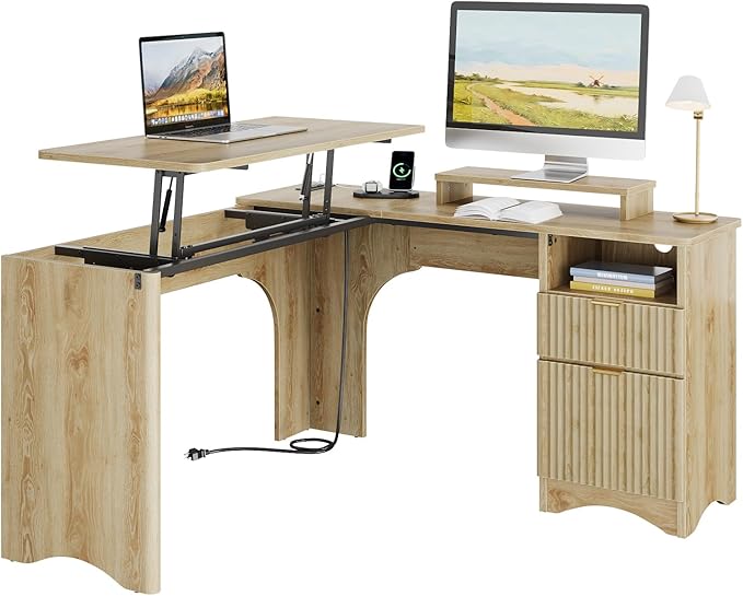 Bestier L Shaped Desk with Lift Desktop 55 inch Corner Desk with Fluted Panel Deisgn Drawers Modern Office Desk with File Drawer (Natual Oak 55'' x 55'' Lift Top)
