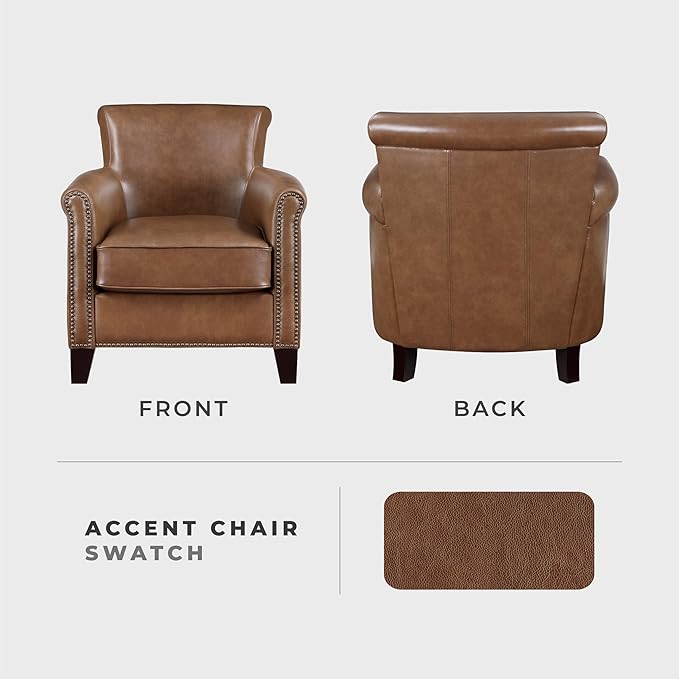 Lexicon 100% Top Grain Genuine Leather Chair Leather Accent Chairs for Living Room Solid Wood Frame Rolled Armrest &amp Nailhead Trim Comfy Reading for Bedroom Office Waiting Room Brown