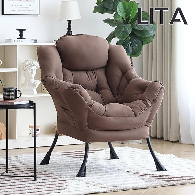 LITA Lazy Chair with Armrests and Side Pocket Modern Upholstered Accent Reading Chair for Living Room Bedroom Dorm Small Spaces Single Dark Brown