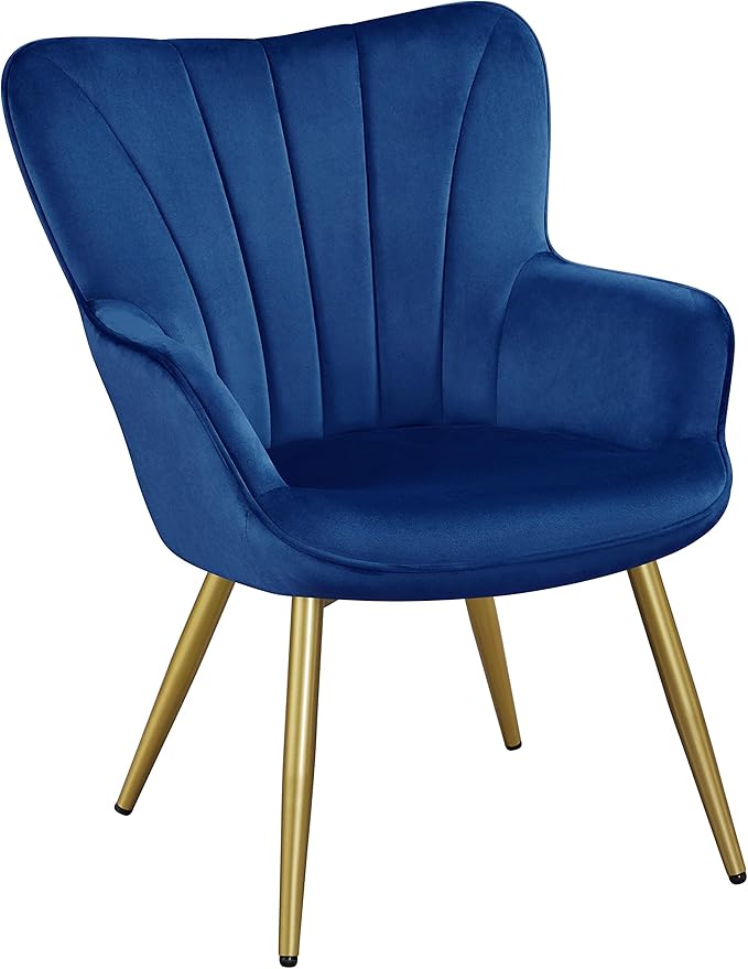 Yaheetech Velvet Accent Chair Modern Armchair Vanity Chair with Wing Side and Metal Legs Cozy and Soft Padded and High Back for Living Room/Home Office/Bedroom Blue