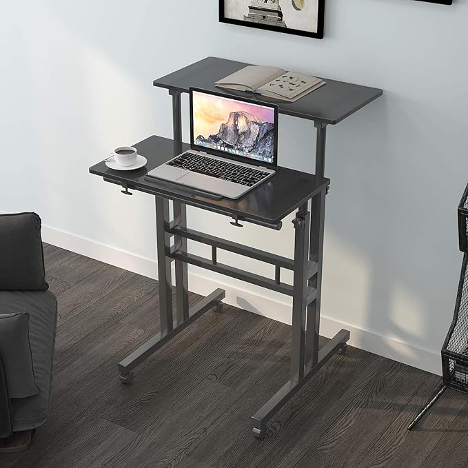 sogesfurniture Mobile Standing Desk Laptop Workstation on Wheels Adjustable Computer Desk for Standing or Sitting Black 101-BK