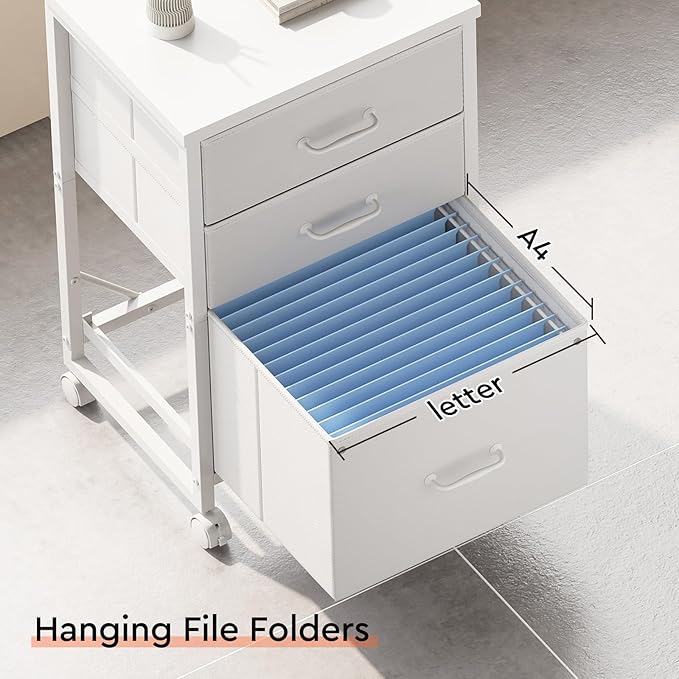 3 Drawer Mobile File Cabinet with Wheels Fabric Vertical Filing Cabinet fits A4 or Letter Size for Home OfficeWhite