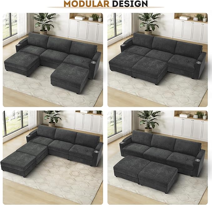108'' Chenille Sectional Couch with Storage ArmrestsU Shaped Upholstered Sofa with 2 Movable Ottomans 5-Seat Modular Couch with Cup Holders for Living Room Grey