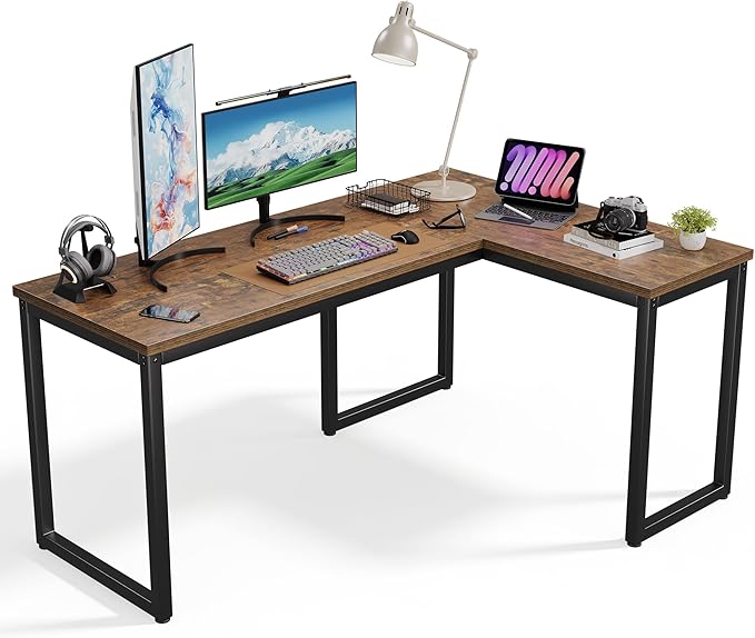 66 Inch L Shaped Computer Desk 1.2 Inch Extra-Thick Desktop Corner Office Desk with Robust Metal Tubes Gaming Writing Work Desk for Home Office Rustic Brown and Black