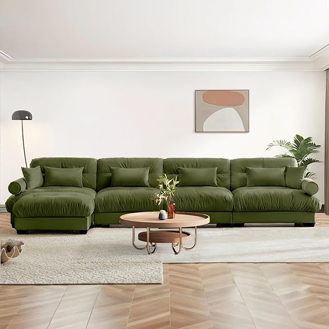 SoarFlash Sectional Couches for Living Room L Shaped Sofa Couch with Velvet Fabric 4 Seat Modern Sofa with Ottoman Removable Pillows for Apartment Green