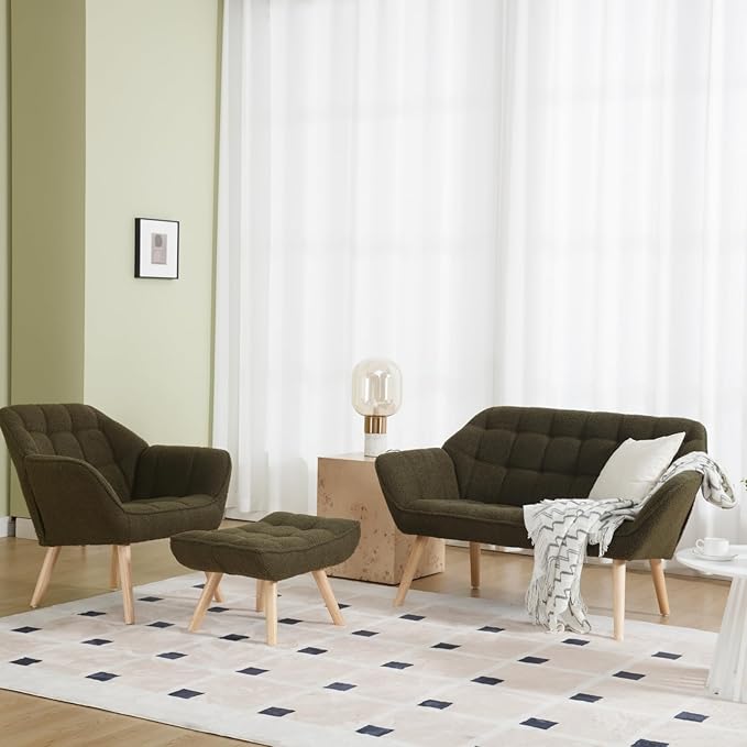 48”Small Loveseat Sofa Modern Sherpa Upholstered Mini Couch 2-Seater Fluffy Love Seat with Quilting Backs and Wood Legs for Small Space Living Room Bedroom Green