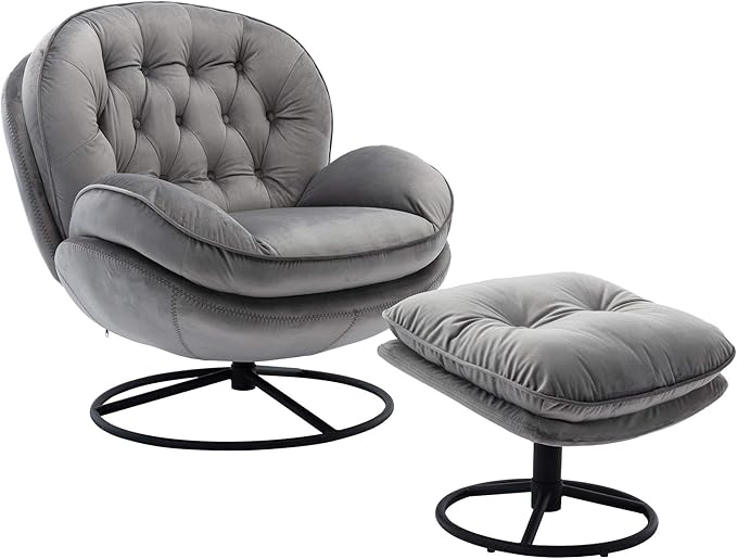JINS&ampVICO Velvet Swivel Accent Chair with Ottoman Set Modern Upholstered Lounge Chair Lazy Sofa with Footrest Comfy Armchair with Metal Base Frame for Living Room Bedroom Home Office Grey