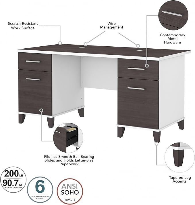 Bush Home 60-inch Home Office Desk with Drawers Large Computer Table with Storage Transitional Style Somerset Collection White and Storm Gray