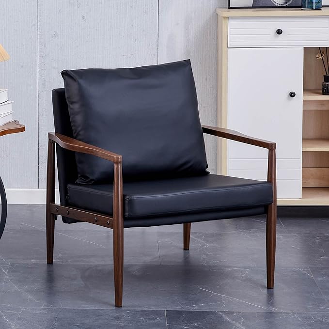 Sofa Chair.Black PU Leather Accent Arm Chair Mid Century Modern Upholstered Armchair with Imitation Solid Wood Color Metal Frame Padded Backrest and Seat Cushion Sofa Chairs for Living Room