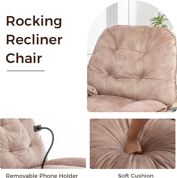 Swivel Rocker Recliner Chair for Adult Glider Nursery Rocking Chair Armless Single Recliner Sofa for Living Room Oversized &amp Overstuffed Phone Holder Included Brown