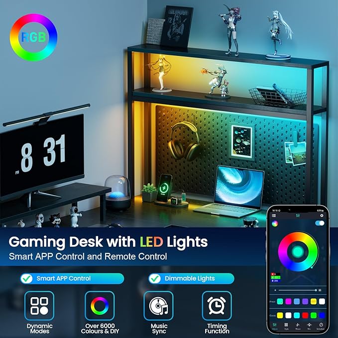 HLDIRECT L Shaped Desk with LED Light &amp Power Outlet 67 Inch Reversible Corner Gaming Desk with Storage Shelves &amp Drawer Computer Table with Monitor Stand Home Office Work Study Black