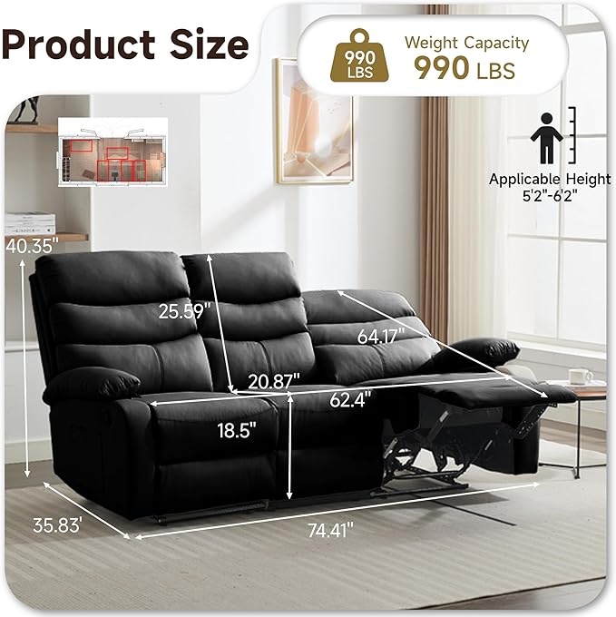 3 Seater Recliner Sofa Set Anti-Scratch Reclining Loveseat Sofa &amp Couch for Living Room RV Home Theater Apartment(Black 3 Seater Sofa)