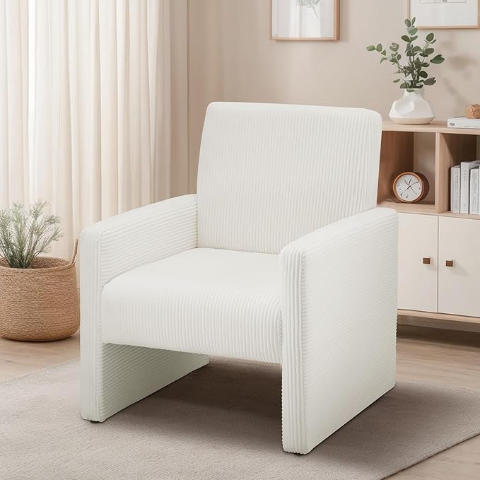 FUNKEEN Mid Century Modern Accent Chair for Living Room Small Comfy Corduroy Reading Chair for Bedroom with Solid Wood Frame 105° Ergonomic Cozy Lounge Armchairs for Adults – White