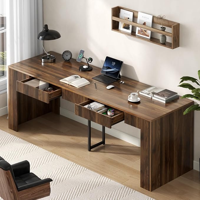 78.74 Executive Desk Large Office Desk with 2 Drawer Farmhouse Wooden Computer Desk Writing Table Conference Workstation Table for Office Study Dark Brown