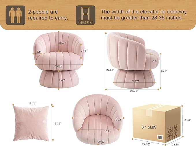 Mid Century Modern 360 Degree Barrel Swivel Accent Sofa ChairFluffy Velvet Fabric Lounge Wide Upholstered Pumpkin Reading Chair Round Cloud Armchair for Living RoomBedroomVanity(Pink)
