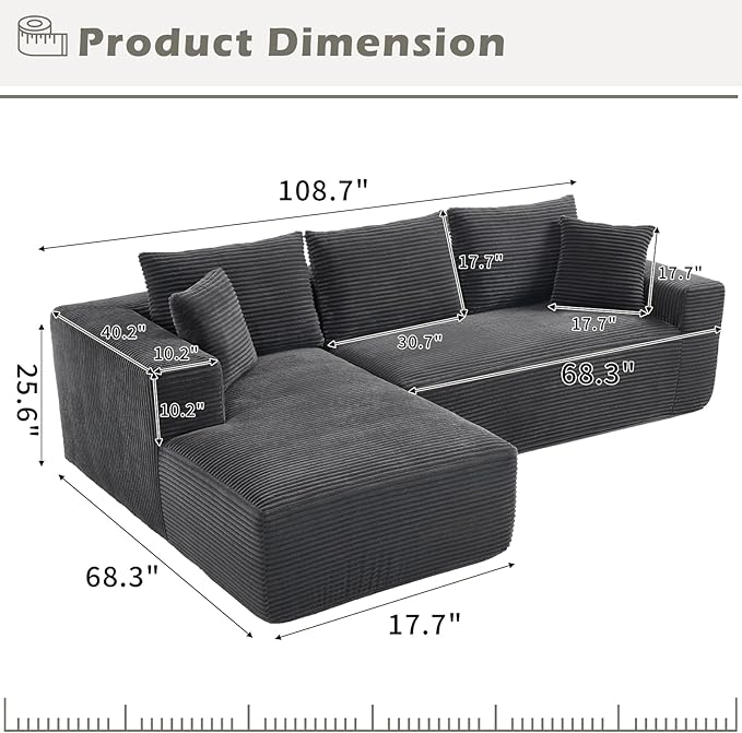 108.3 Modular Sectional Sofa Couches for Living Room Modern Boneless Couch Cloud Foam Floor Upholstered Couches with Chaise L-Shape Sofa Couch for Bedroom Left Facing Chaise Gray