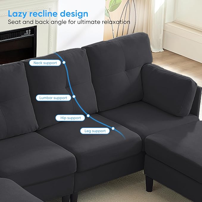 PUREMIND Sectional Couches for Living Room Modern Snow Velvet U-Shaped Sofa Couch with Double Chaise Upholstered 4 Seater Sofa with Double Chaise for Living Room Apartment Office Dark Grey